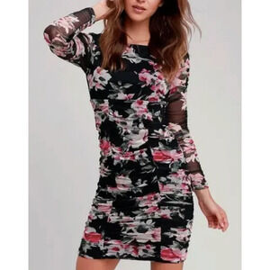 Lulus Ayana Black Floral Long Sleeve Bodycon Dress Size S